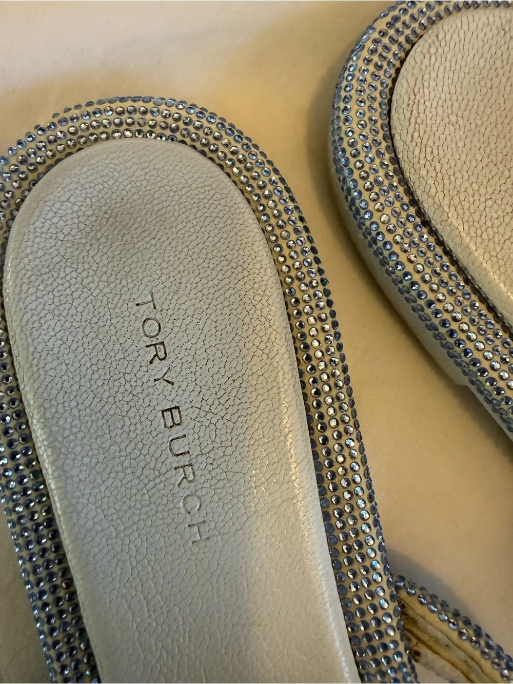 Tory Burch Light Blue rhinestone sparkling Logo Thong Sandals